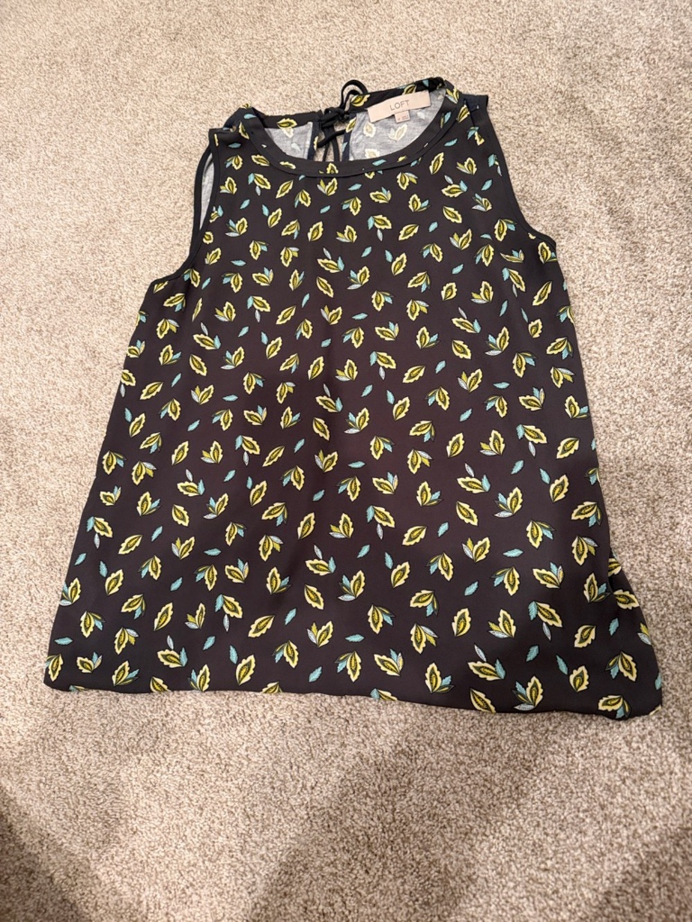 LOFT Black Leaf-Print Sleeveless Camisole with Yellow and Teal Accents